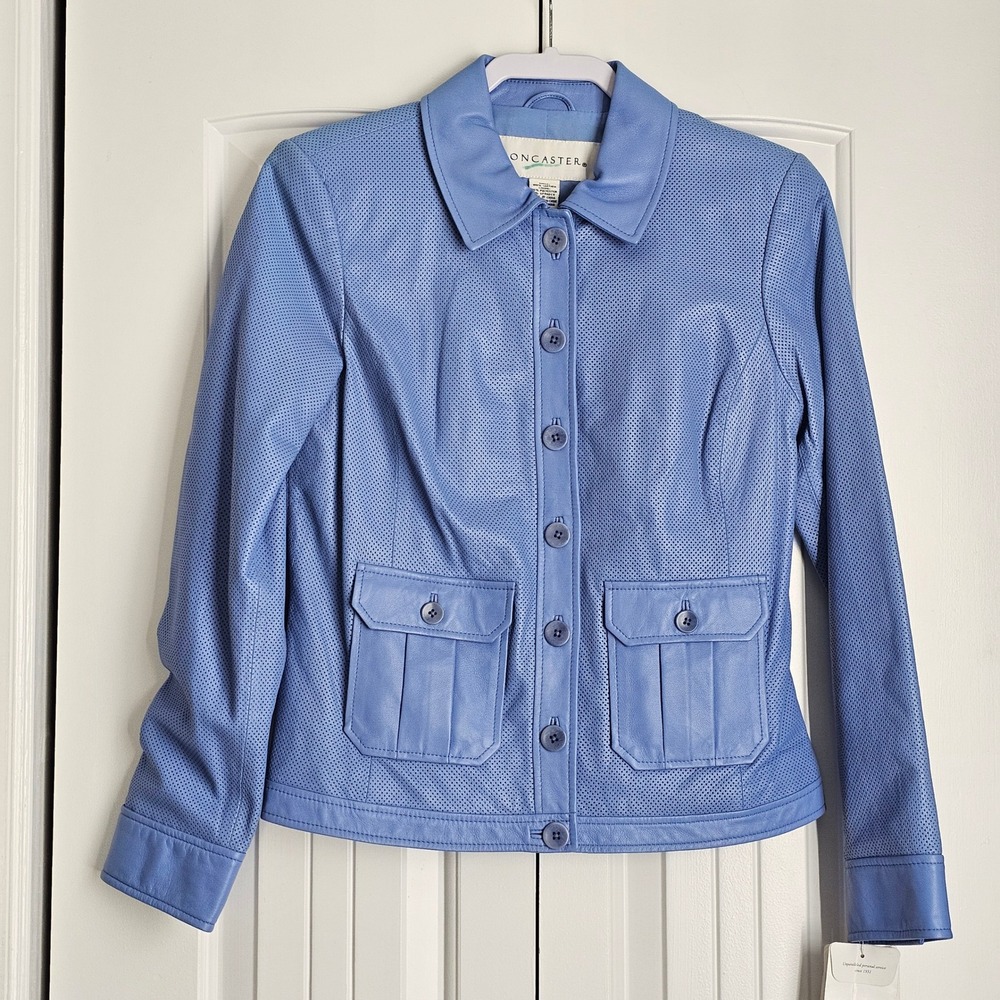 Doncaster Perforated Leather Jacket Womens Size 8 Blue Button Front Collared NEW